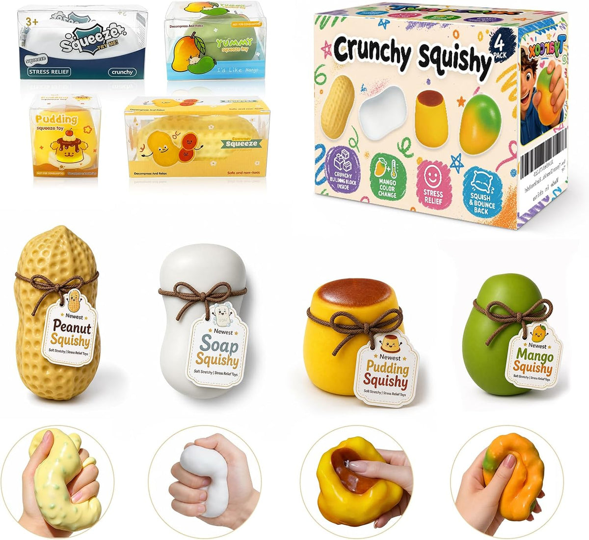 10 Pack Crunchy Squishy Stress Ball,Mango Pudding Peanut & Soap ASMR Fidget